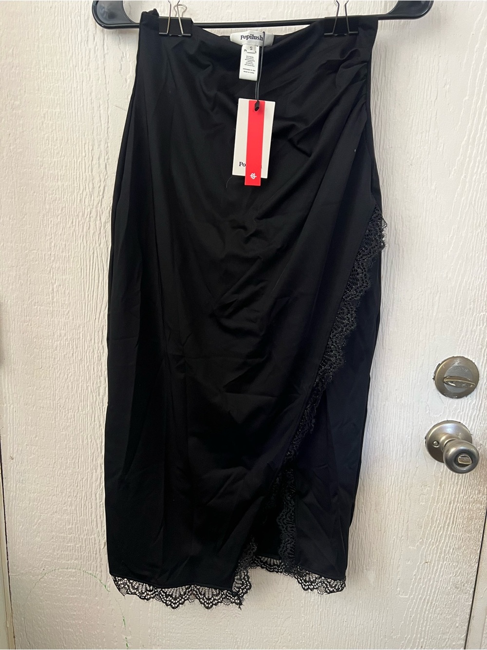 Popilush Black Midi Skirt with Lace Trim and Attached Shapewear